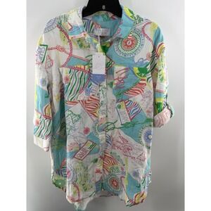 Talbots Womens Shirt Aqua Club Azur Cover Up Tropical Nautical Print Button XS